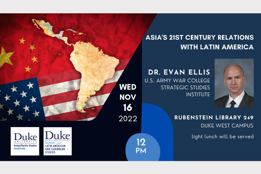 flyer for Evan Ellis talk with headshot of Evan Ellis, mix of American, China flags